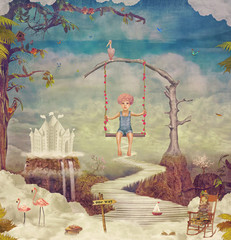 Small boy on a swing in  sky . City of children on fantastic clouds  ,illustration art 