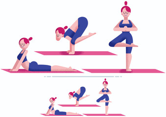 Yoga / Flat design of young woman doing yoga. 3 poses and 2 color versions.