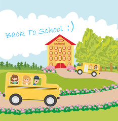 school bus heading to school with happy children