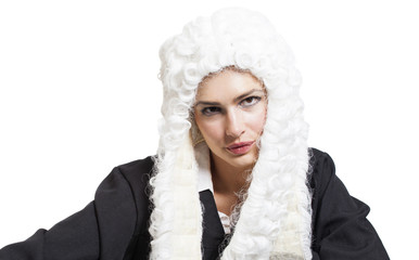 Female judge wearing a wig and black mantle