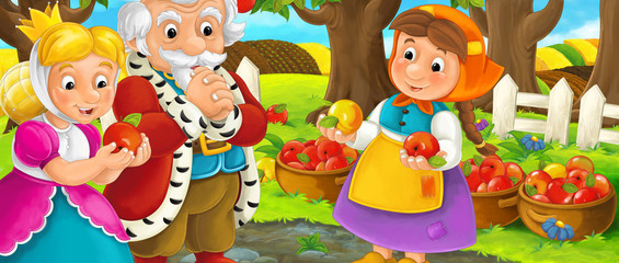 Obraz na płótnie Canvas Cartoon scene with royal pair visiting farm woman in garden during beautiful day - illustration for children