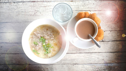 Breakfast Boiled rice pork with cocoa milk and Grilled Chinese D