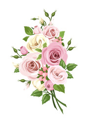 Vector bouquet of pink and white roses and lisianthus flowers isolated on a white background.