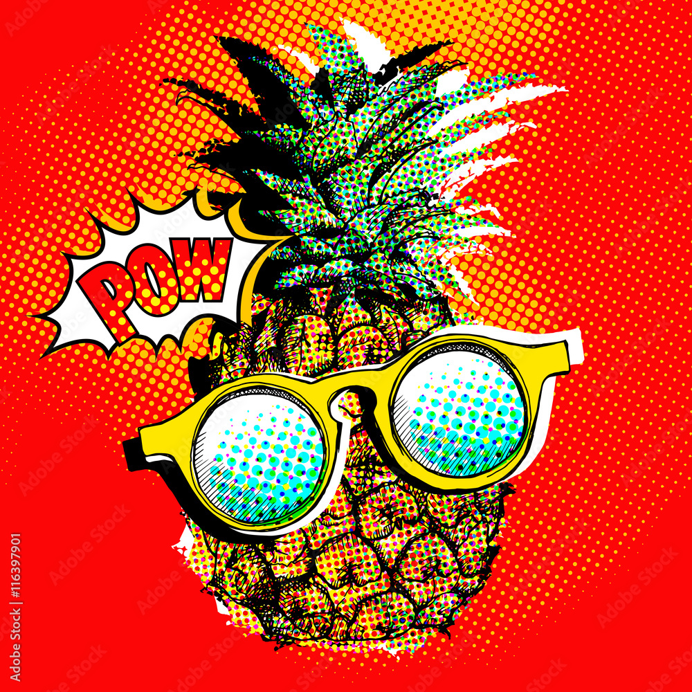 Wall mural Pop art comic poster with the image of a pineapple with a glasses. Vector illustration.