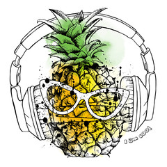 Image of pineapple fruit and headphones. Vector illustration.