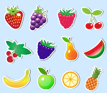 Cute Cartoon Fruit Sticker Set, Vector Illustration