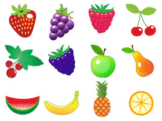 cute cartoon different fruits icons set, vector illustration