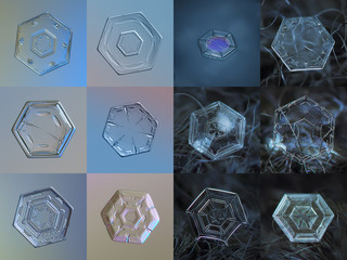 Set of 12 real snowflake photos (simple hexagonal plate snow crystals). 6 snowflakes on the left...