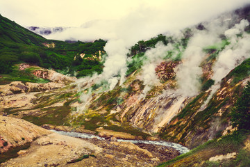 The legendary Valley of Geysers in the summer. Kamchatka, Russia