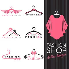 Fotobehang Fashion shop logo - Sweet ping shirts and Clothes hanger logo vector set design © ananaline