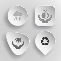 4 images: rain, apple in hands, bird in hands, recycle symbol. N