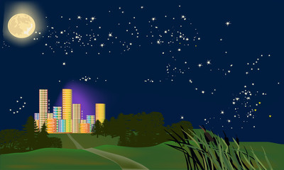 rainbow color city under full moon and stars