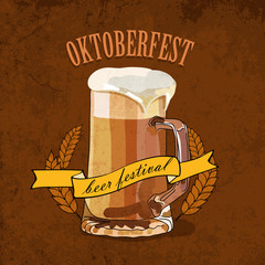 Oktoberfest holiday poster. Mug of beer with a grain ears and decorative ribbon. Vector illustration.