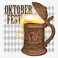 Oktoberfest card. Image of the vintage German mug with beer. Vector illustration.