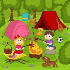 children fry sausages on the bonfire in the summer camp - vector illustration, eps