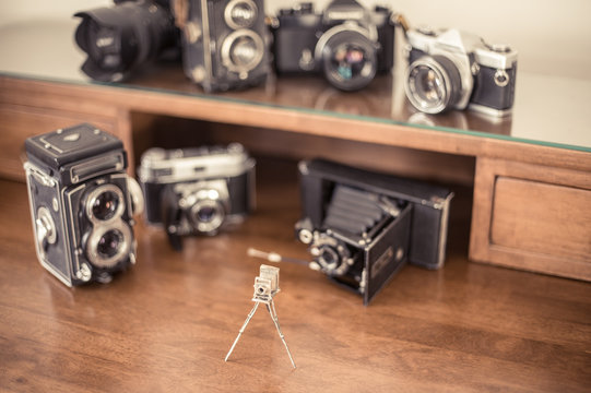 Vintage photo cameras collector desktop