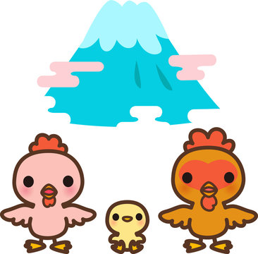 鶏の親子のキャラクターと富士山