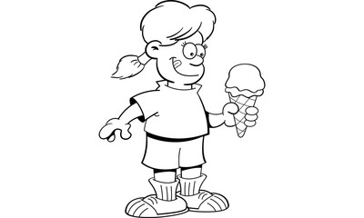 Black and white illustration of a girl eating an ice cream cone.