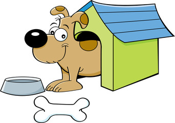 Cartoon illustration of a dog in a doghouse.