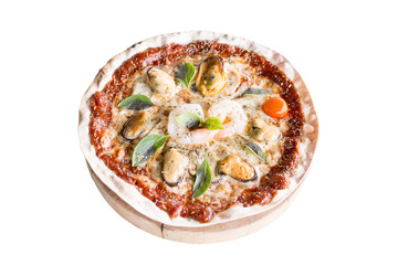 Seafood pizza isolated on white background with clipping path