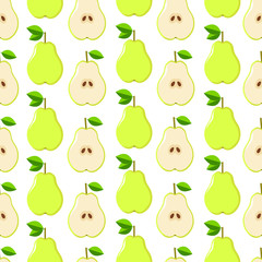 Seamless vector pattern with green pears on the white background