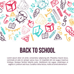 Back to School banner isolated on white background with doodle elements. Vector illustration can be used for greeting cards, clothes.