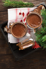 Christmas mugs of hot chocolate and homemade gingerbread cookies, top view. Christmas Holiday background