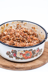 Grandmothers kitchen preparing minced meat with rice