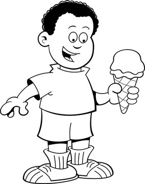 Black and white illustration of an African boy eating an ice cream cone.