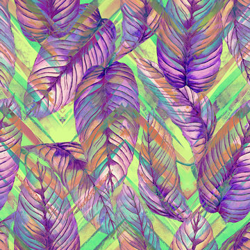 Tropical foliage seamless pattern. Colorful leaves of exotic Calathea Warscewiczii plant on zigzag geometric pattern, blended effect. Handmade watercolor illustration. 