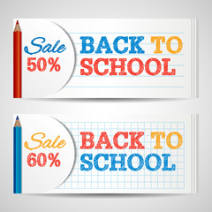 Modern horizontal banners template with Back To School hand drawn text. Notebook paper layers. Colorful Colored Pencils, school supplies. Education concept. Vector illustration for web design.