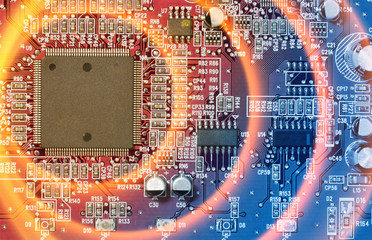 Circuit board with electronic components. Computer and networking communication technology concept....