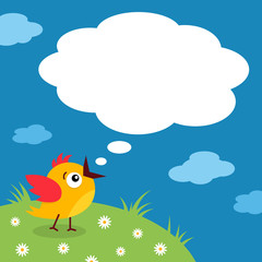 Funny little bird with open mouth and empty speech bubble on meadow and clouds background. Vector cartoon background.