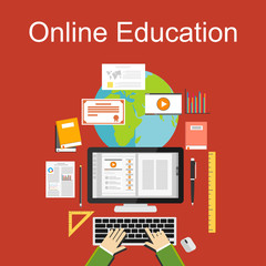 Flat design illustration of online education or e-learning.
