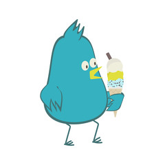 Blue bird with ice cream. Vector illustration.