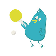 Blue bird plays ping pong. Fun and sport. Vector illustration.