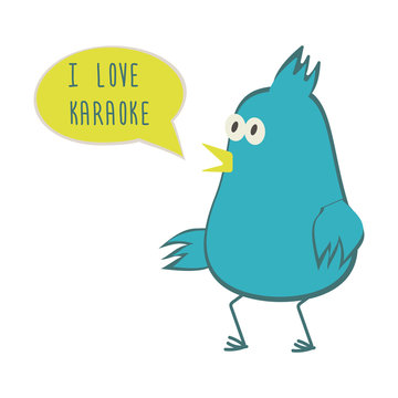 Dancing bird with speech bubble. Love karaoke. Vector illustration.