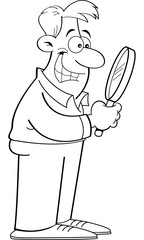 Black and white illustration of a man looking through a magnifying glass.
