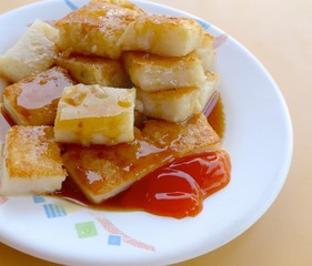 Radish cake closeup with sauce in Taiwan
