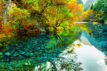 The Five Flower Lake. Colorful autumn woods reflected in water