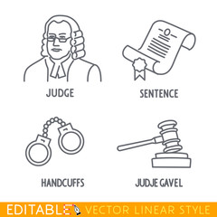Law icon set include Jude Sentence Handclufs Jude gawel. Editable vector icon in linear style.