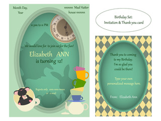 Alice in Wonderland. Mad tea party Birthday Invitation. Retro illustration.