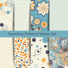 Set of eight ethnic seamless patterns. Tribal geometric backgrounds. Modern abstract wallpaper. Vector illustration.