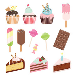 Cartoon sweets set - cupcakes, ice cream, pieces of cake, chocolate bar, lollipop, candy.
