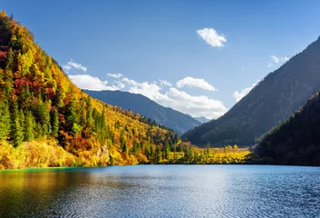 Gordijnen Scenic view of the Panda Lake among colorful fall woods © efired