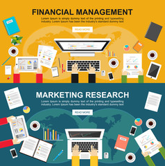 Banner for financial management and marketing research. Flat design illustration concepts for finance, business, management, analysis, teamwork, 