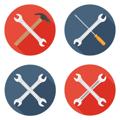 Wrenches, hammer and screwdriver flat icons set