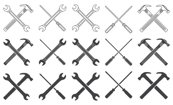 Wrenches, Hammer And Screwdriver Thin Line Icons