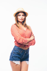 Elegant woman with hat summer time on white