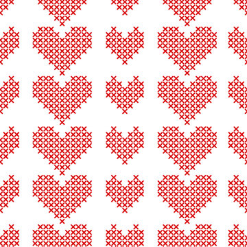 Seamless pattern with cross-stitch hearts on white background.